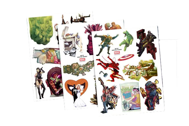 Three printed sticker sheets featuring Marvel comic book characters and scenes, arranged on a blue-to-purple grid background. Visible characters include Green Goblin, Spider-Man, Hulk, and others, with Marvel logos on the sheets.