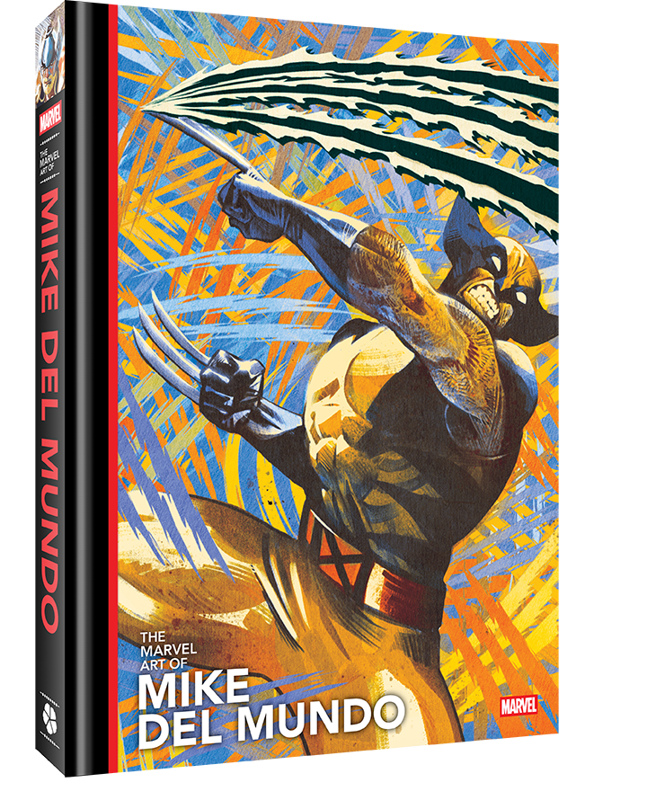 Book cover of 'The Marvel Art of Mike Del Mundo' with a stylized superhero design.